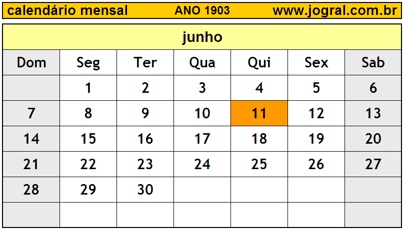 Calendário do Ano 1903 Mês de Junho