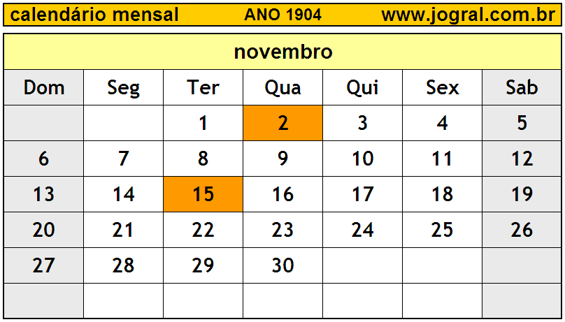 Calendário do Ano 1904 Mês de Novembro