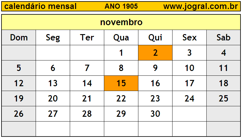 Calendário do Ano 1905 Mês de Novembro