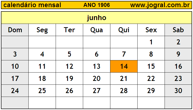 Calendário do Ano 1906 Mês de Junho