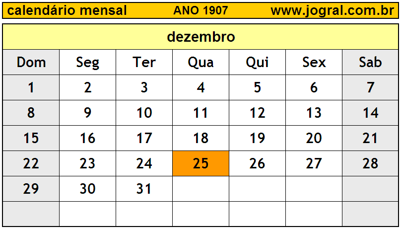 Calendário do Ano 1907 Mês de Dezembro