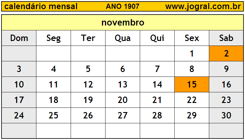 Calendário do Ano 1907 Mês de Novembro