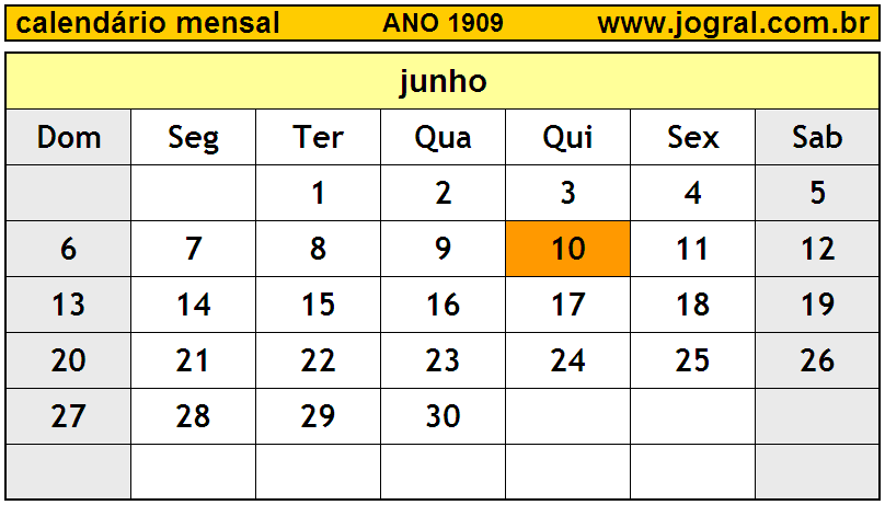 Calendário do Ano 1909 Mês de Junho