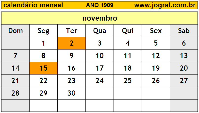 Calendário do Ano 1909 Mês de Novembro