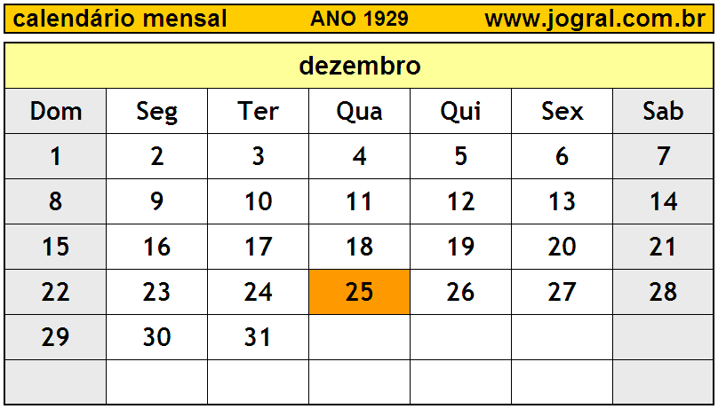 Calendário do Ano 1929 Mês de Dezembro