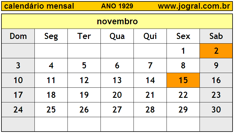 Calendário do Ano 1929 Mês de Novembro