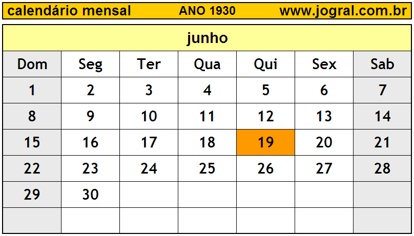 Calendário do Ano 1930 Mês de Junho