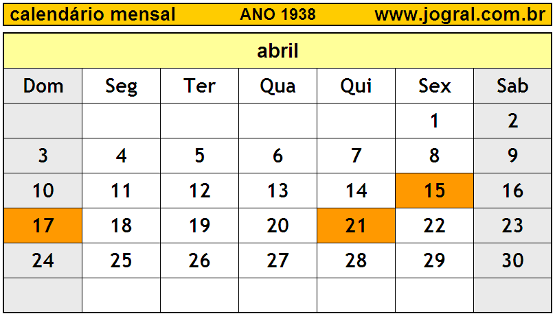 Calendário do Ano 1938 Mês de Abril