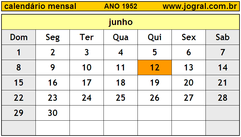 Calendário do Ano 1952 Mês de Junho