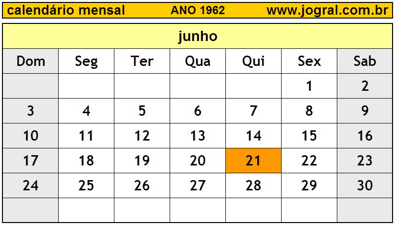 Calendário do Ano 1962 Mês de Junho