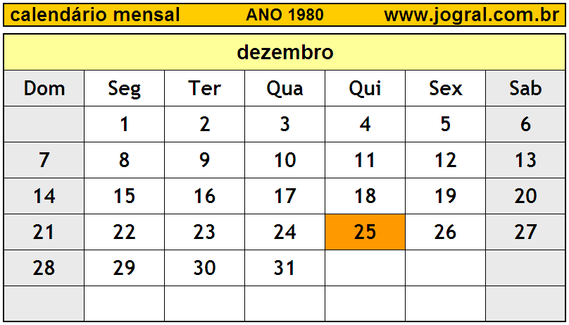 Calendário do Ano 1980 Mês de Dezembro