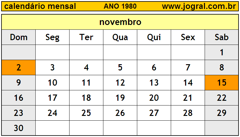 Calendário do Ano 1980 Mês de Novembro
