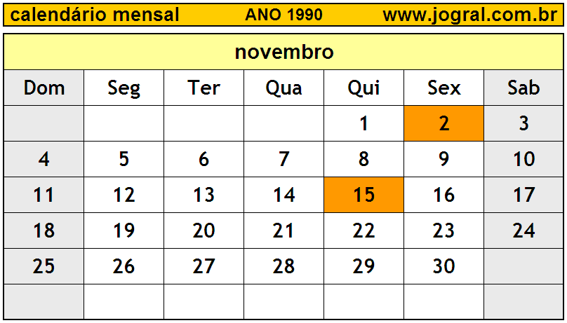 Calendário do Ano 1990 Mês de Novembro