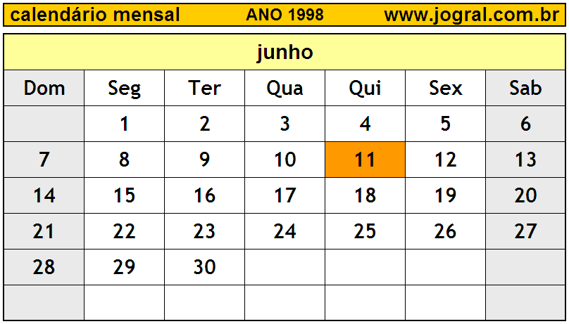 Calendário do Ano 1998 Mês de Junho
