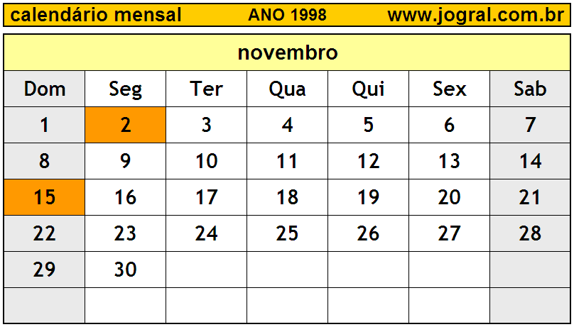 Calendário do Ano 1998 Mês de Novembro