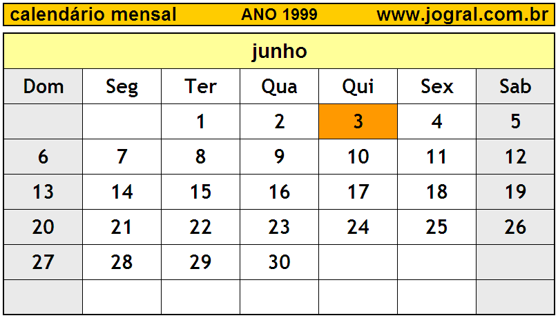 Calendário do Ano 1999 Mês de Junho