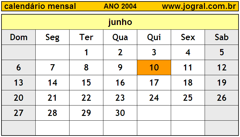 Calendário do Ano 2004 Mês de Junho