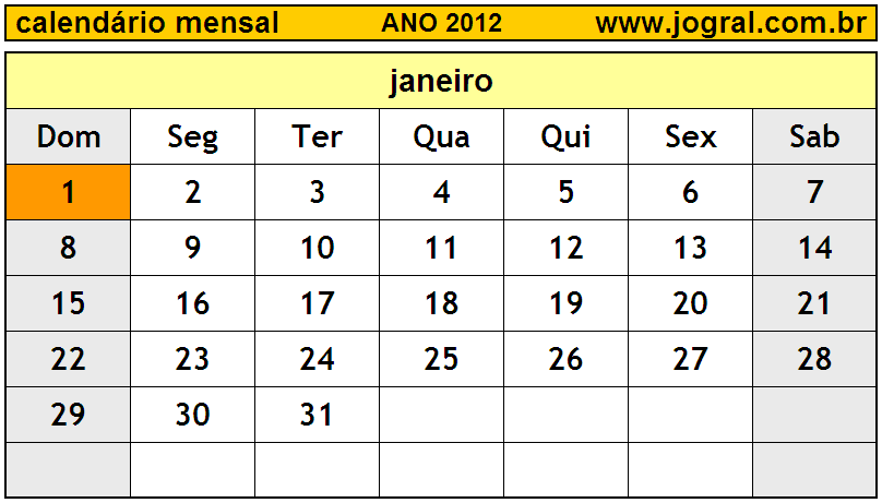 Calendário do Ano 2012 Mês de Janeiro
