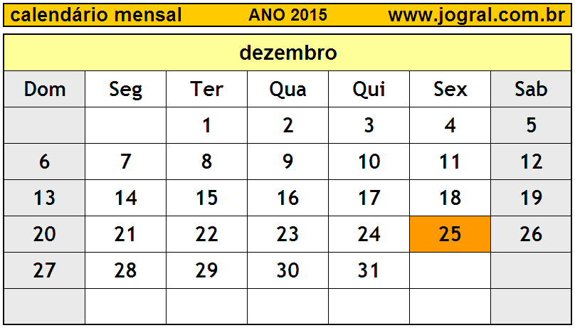 Calendário do Ano 2015 Mês de Dezembro