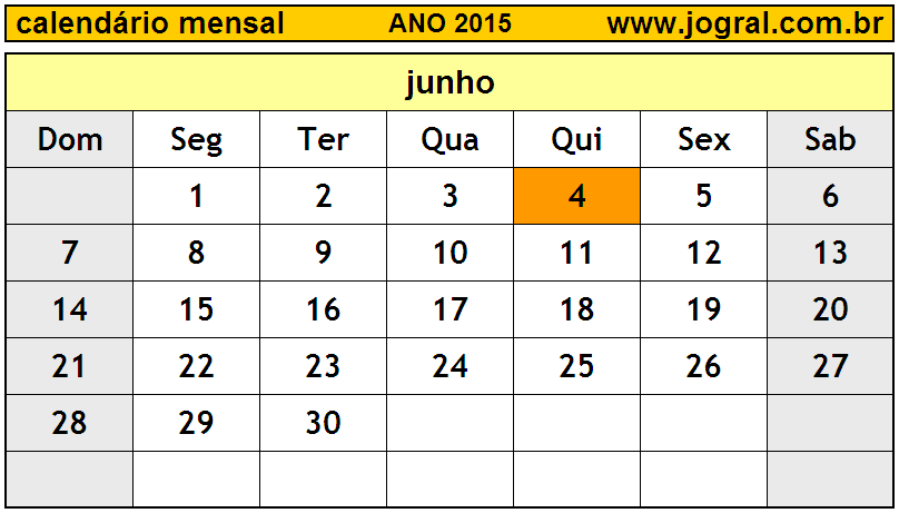 Calendário do Ano 2015 Mês de Junho