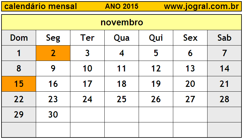 Calendário do Ano 2015 Mês de Novembro