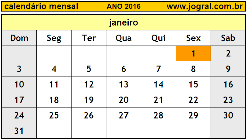 Calendário do Ano 2016 Mês de Janeiro