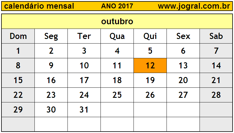 Calendário do Ano 2017 Mês de Outubro