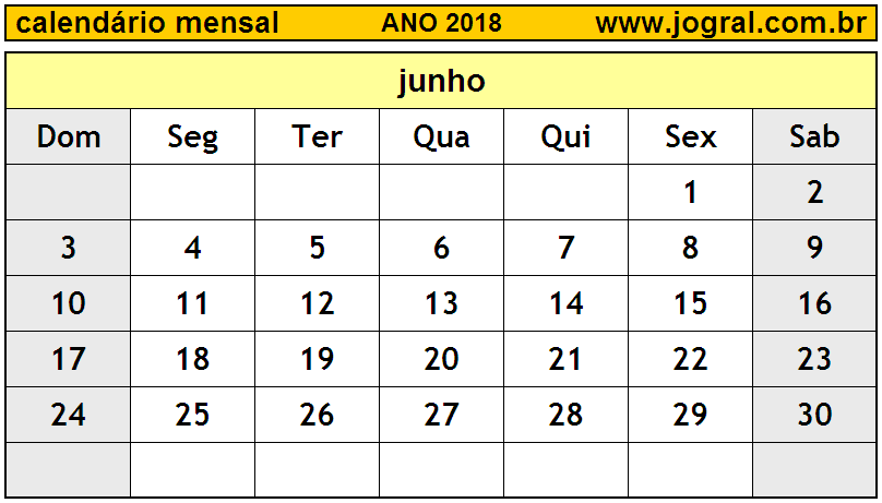 Calendário do Ano 2018 Mês de Junho