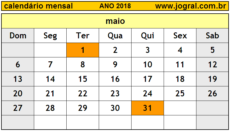 Calendário do Ano 2018 Mês de Maio