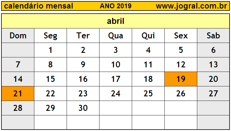 Calendário do Ano 2019 Mês de Abril