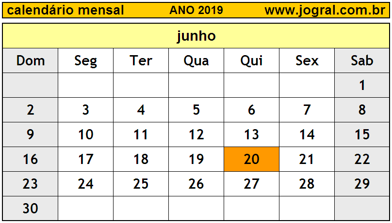 Calendário do Ano 2019 Mês de Junho