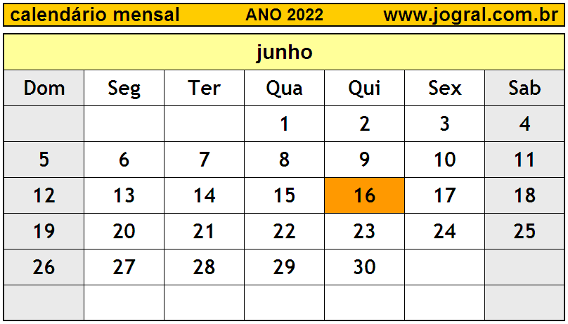 Calendário do Ano 2022 Mês de Junho