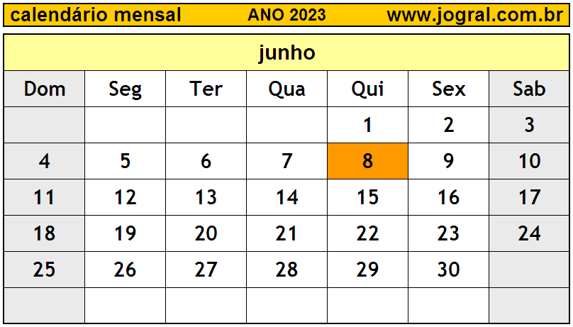 Calendário do Ano 2023 Mês de Junho