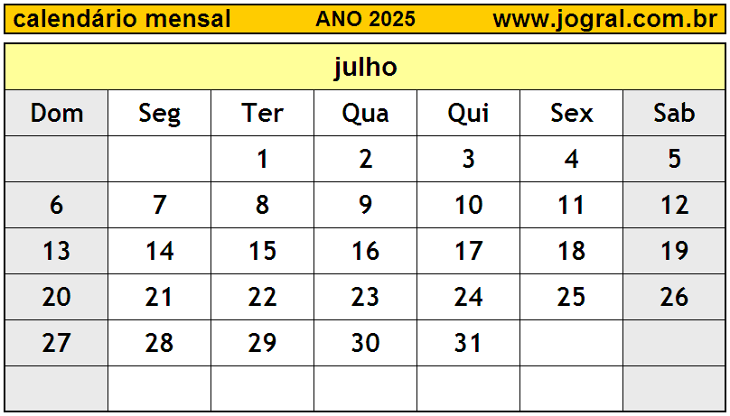 Calendário do Ano 2025 Mês de Julho