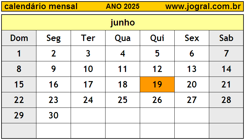 Calendário do Ano 2025 Mês de Junho