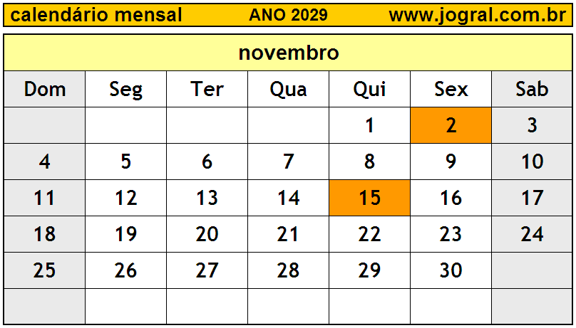 Calendário do Ano 2029 Mês de Novembro