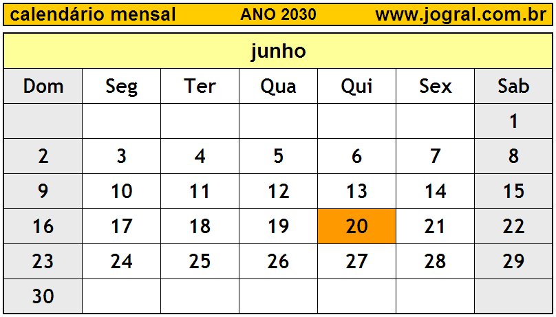 Calendário do Ano 2030 Mês de Junho