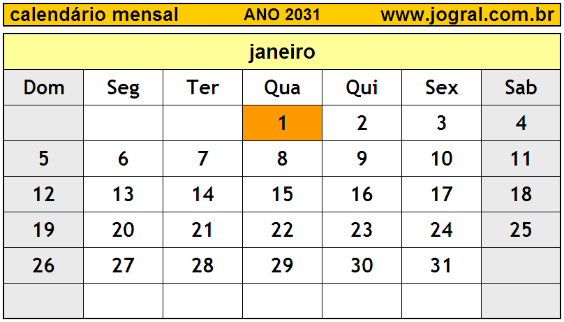 Calendário do Ano 2031 Mês de Janeiro