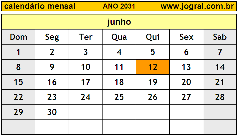 Calendário do Ano 2031 Mês de Junho