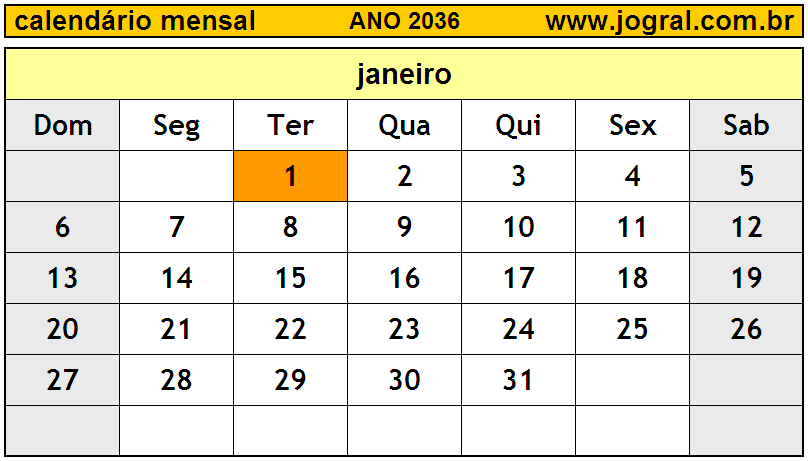 Calendário do Ano 2036 Mês de Janeiro