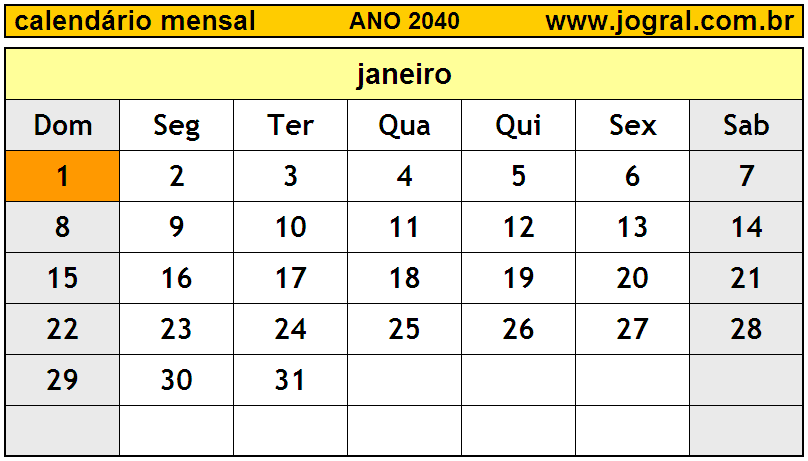 Calendário do Ano 2040 Mês de Janeiro