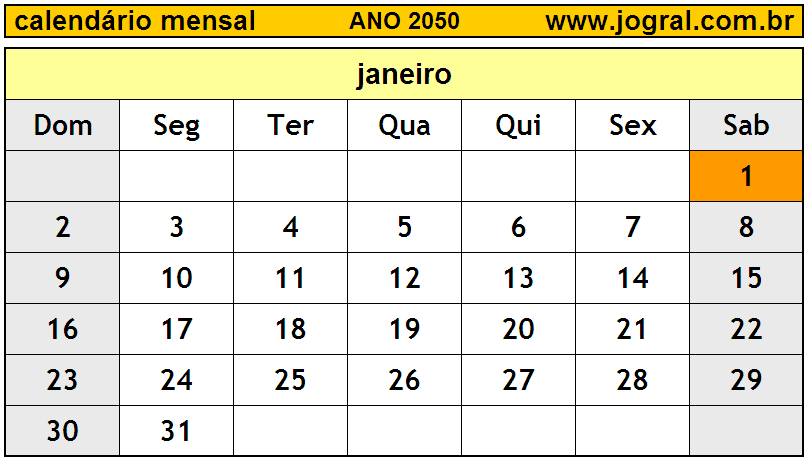 Calendário do Ano 2050 Mês de Janeiro