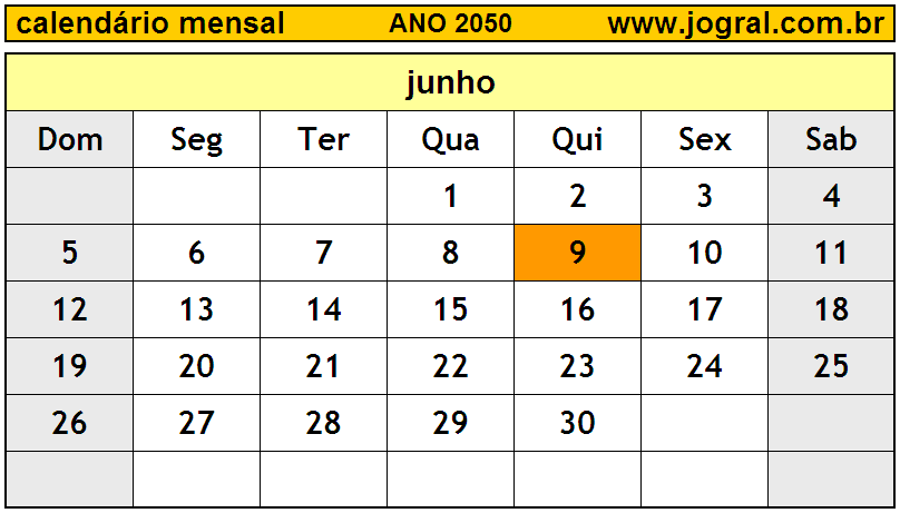 Calendário do Ano 2050 Mês de Junho
