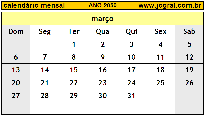 Calendário do Ano 2050 Mês de Março