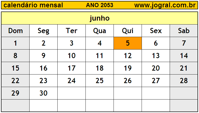 Calendário do Ano 2053 Mês de Junho
