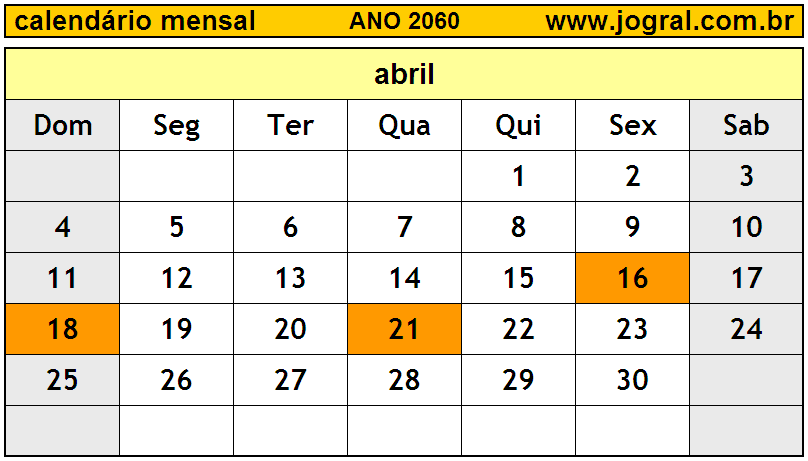 Calendário do Ano 2060 Mês de Abril