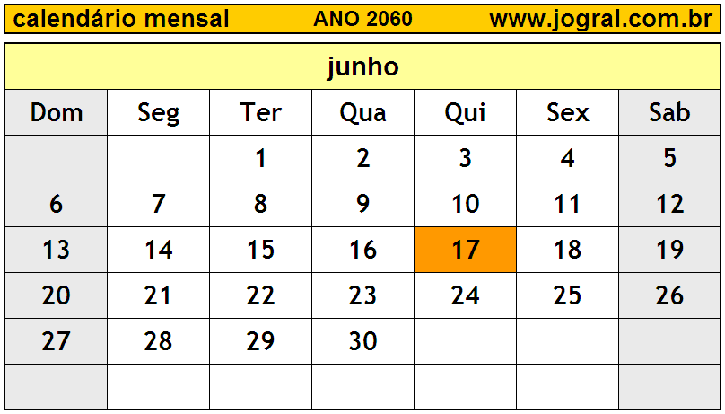 Calendário do Ano 2060 Mês de Junho