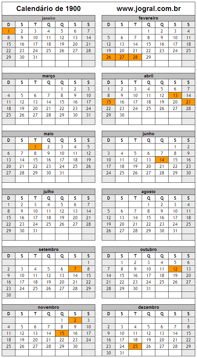 Calendário do Ano 1900 Para Imprimir