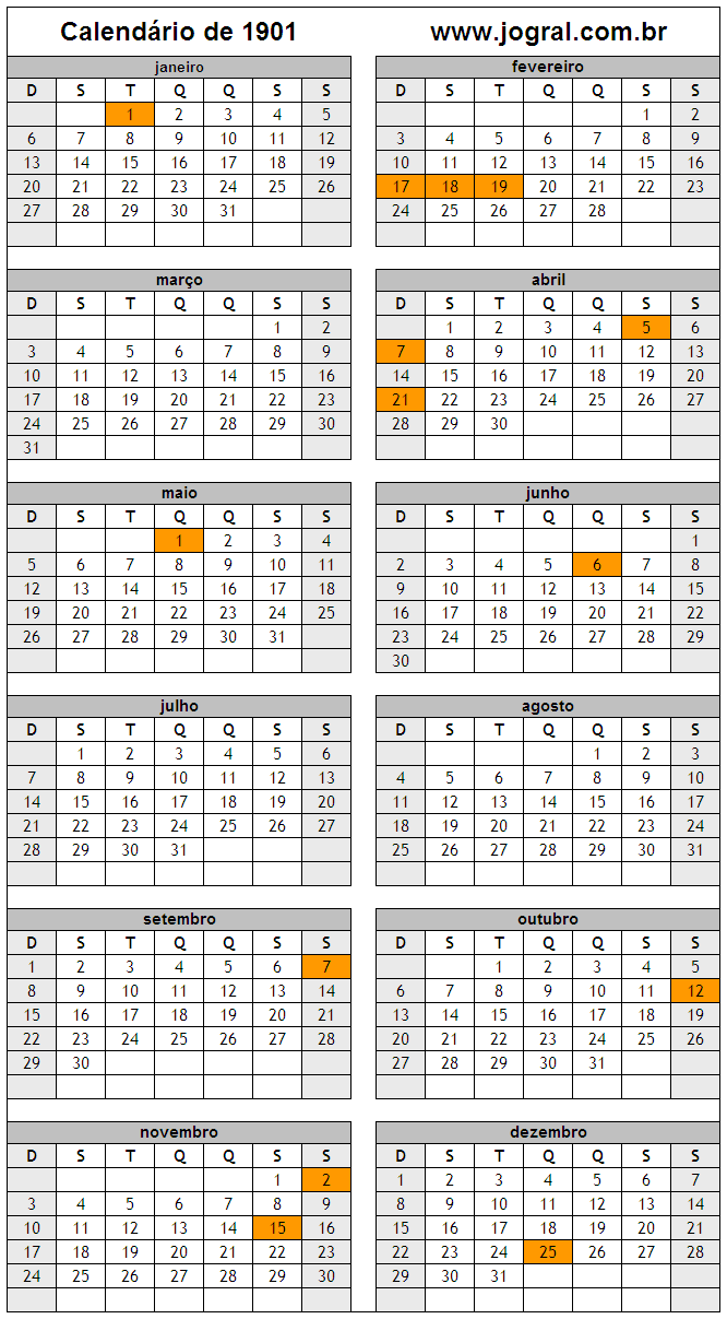 Calendário do Ano 1901 Para Imprimir