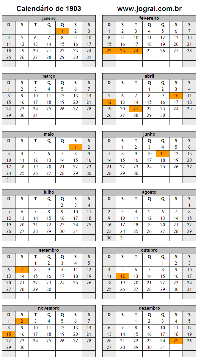 Calendário do Ano 1903 Para Imprimir